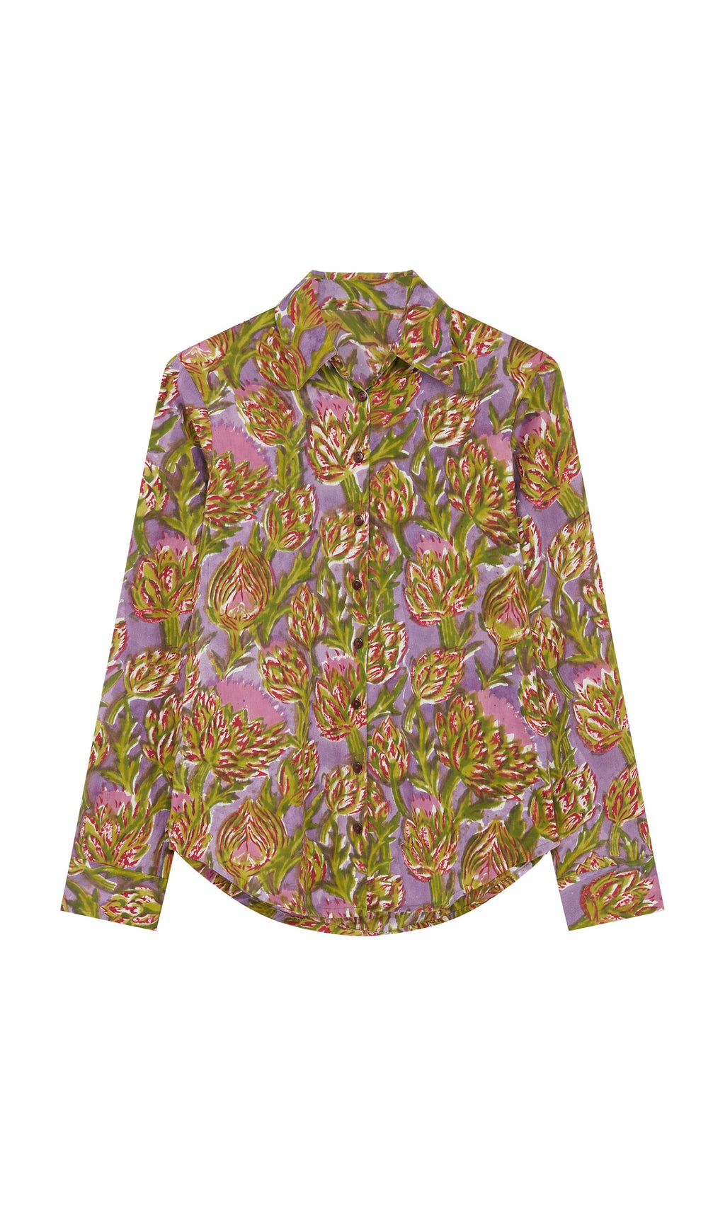 Plümo- Artichoke Shirt: Block-printed cotton with green, pink & purple floral pattern on light purple, handmade in India.