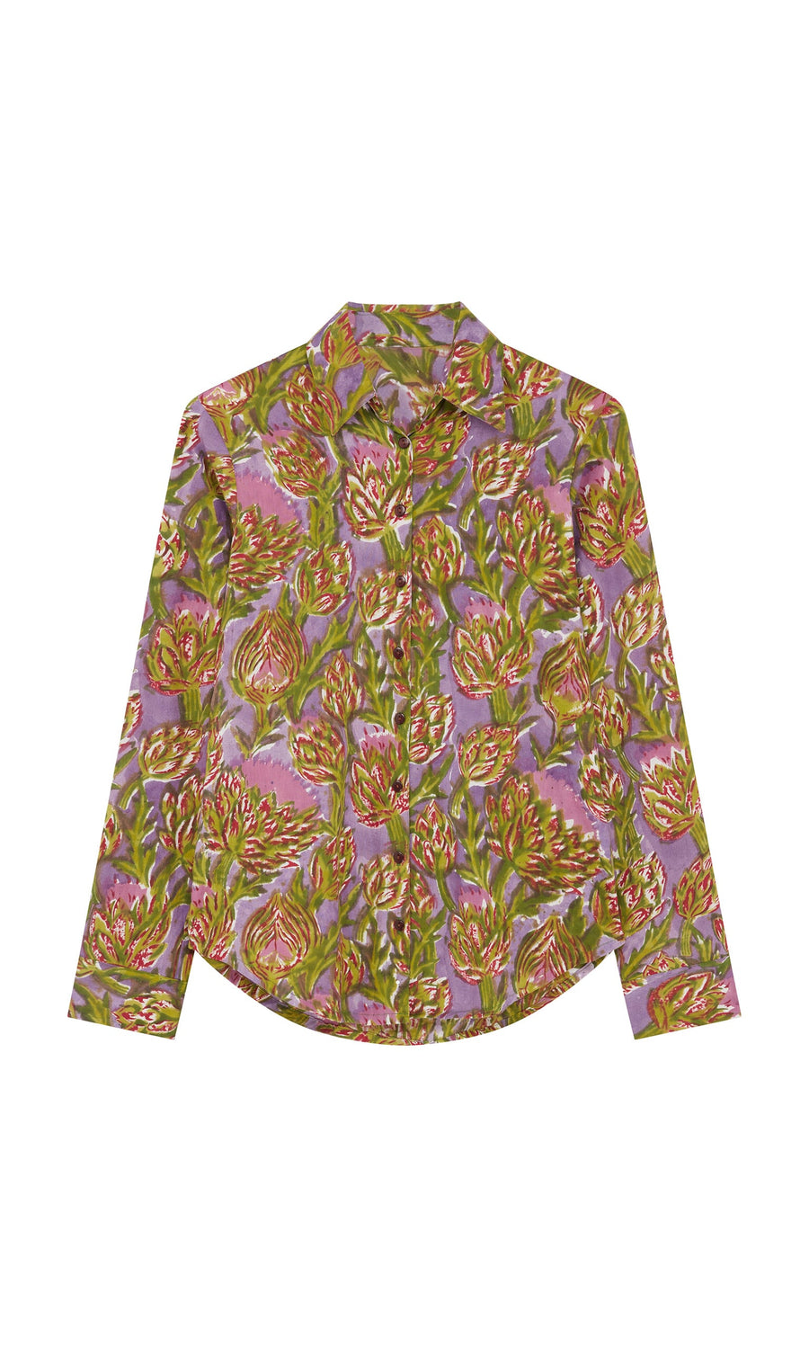 Plümo- Artichoke Shirt: Block-printed cotton with green, pink & purple floral pattern on light purple, handmade in India.