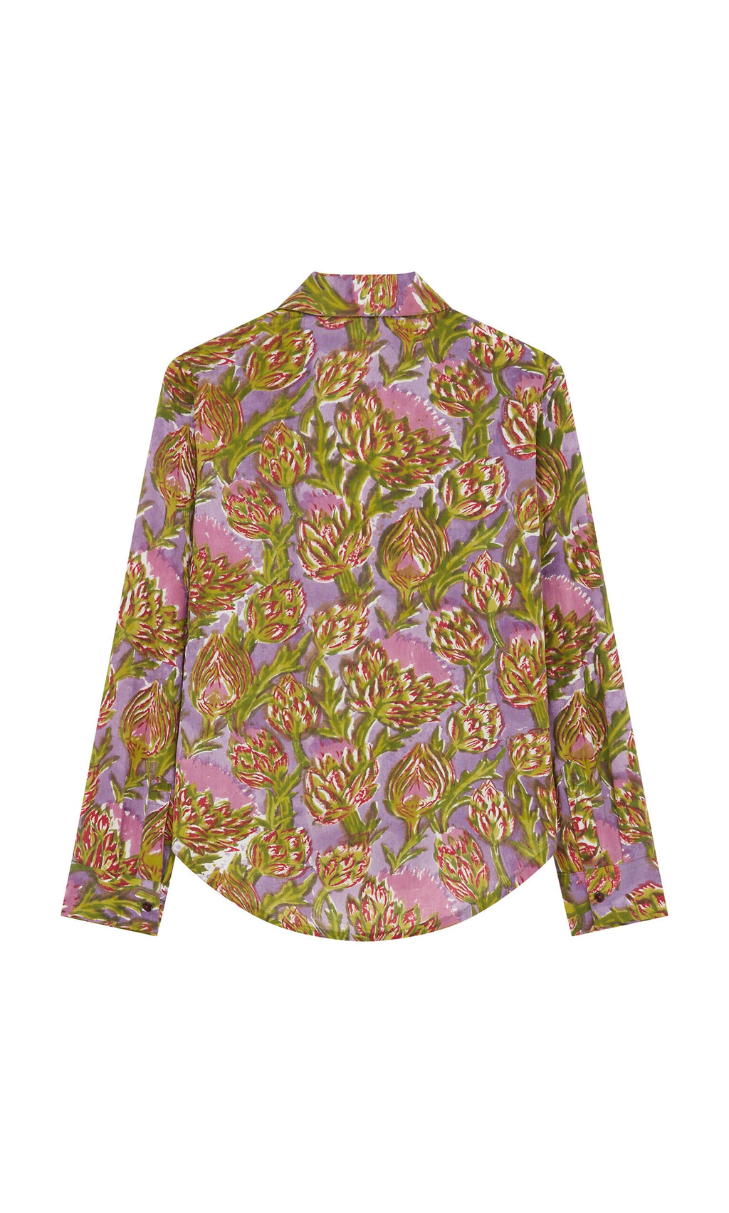 Plümo- Artichoke Shirt: Long-sleeve cotton with pink, green & olive florals on lavender, back view.