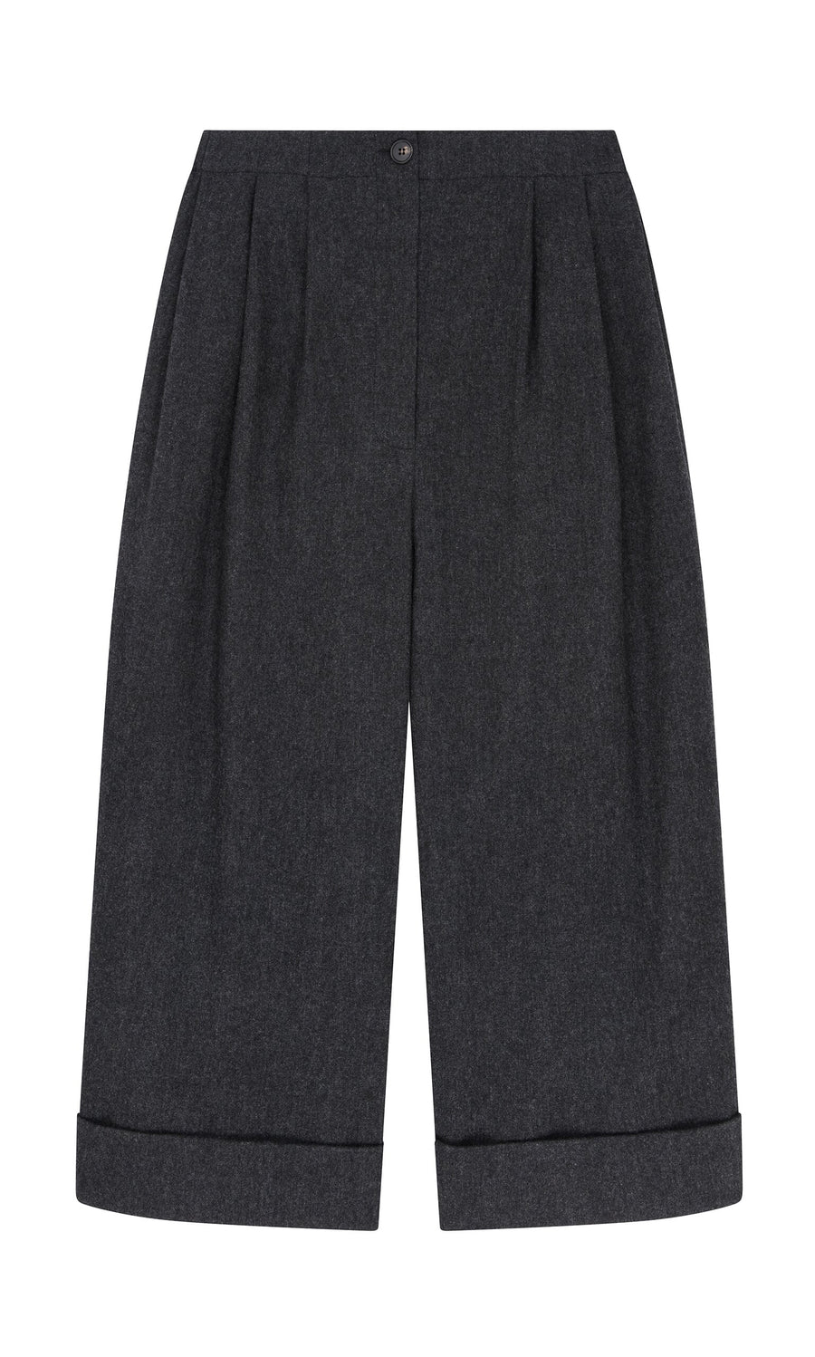 Plümo- Horton Pants: Wide-leg, high-waisted dark gray Italian wool trousers with pleats and cuffed hems, laid flat on white.