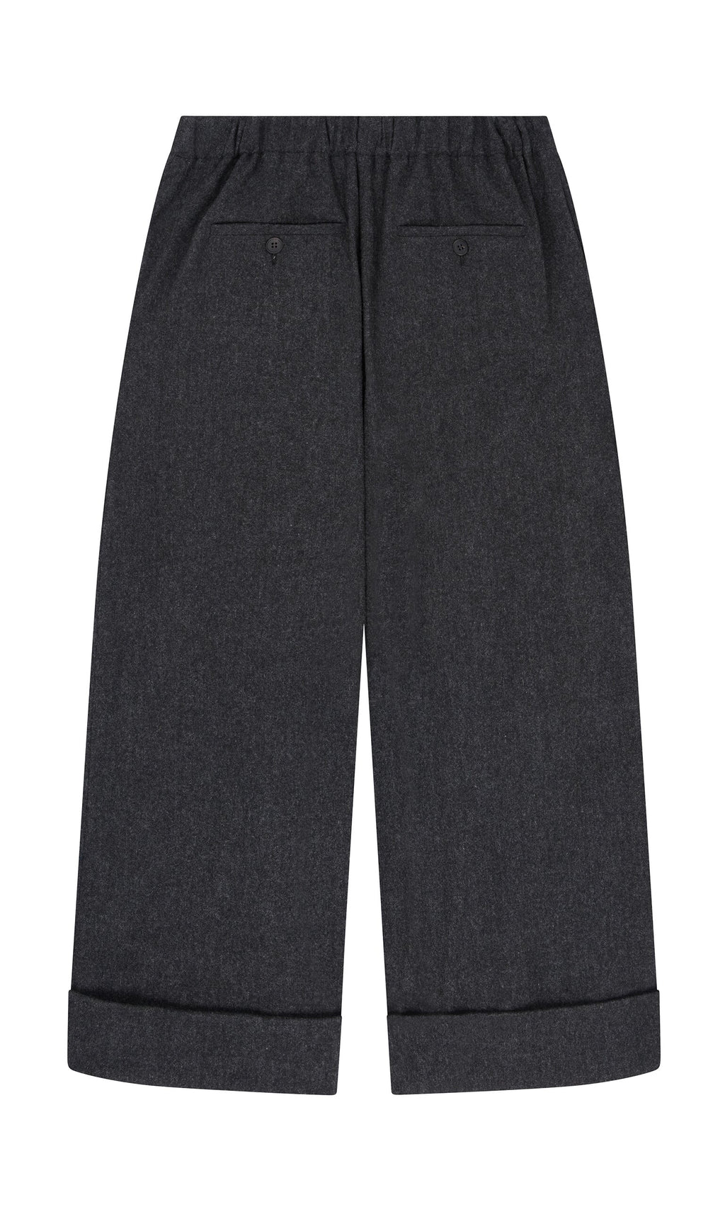 Plümo- Horton Pants in dark gray Italian wool, wide-leg with cuffed hems and two back pockets, shown flat on white.