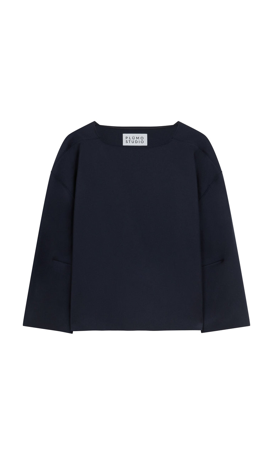 Plümo- Porter Wool Top in navy with long sleeves, crew neck, and boxy fit, shown flat on a white background.