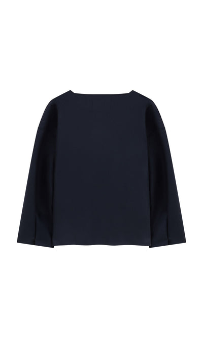 Plümo- Porter Wool Top in navy blue, breton style with a boxy fit and wide boat neckline, shown on a white background.