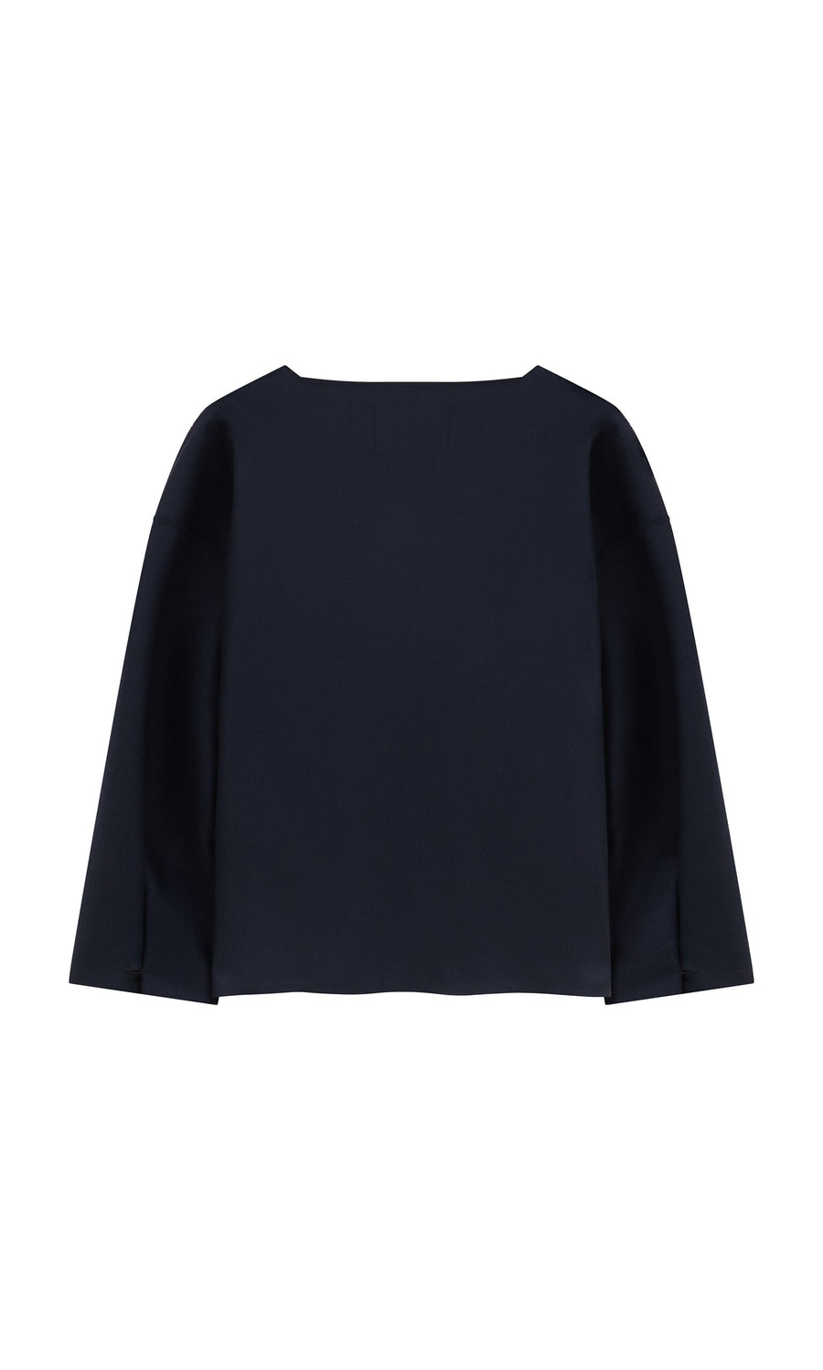 Plümo- Porter Wool Top in navy blue, breton style with a boxy fit and wide boat neckline, shown on a white background.