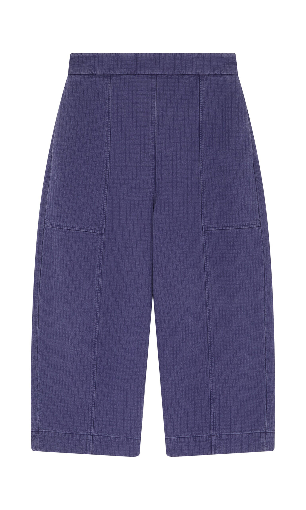 Plümo- Calow Pants: Wide-leg, high-waisted purple textured shorts with front seams and large patch pockets, made in London.