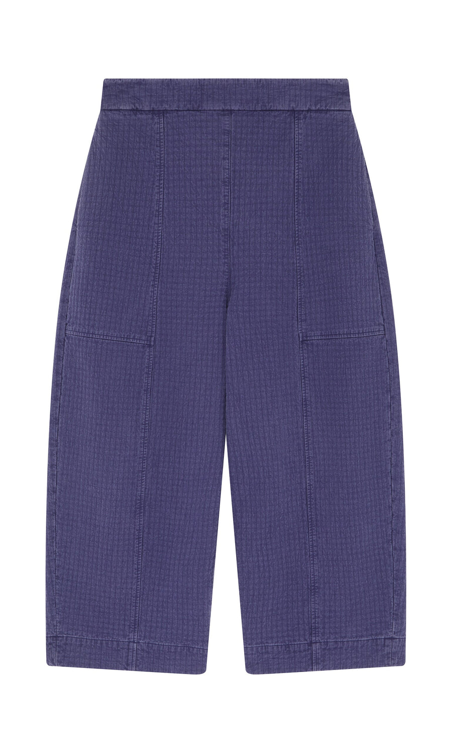 Plümo- Calow Pants: Wide-leg, high-waisted purple textured shorts with front seams and large patch pockets, made in London.
