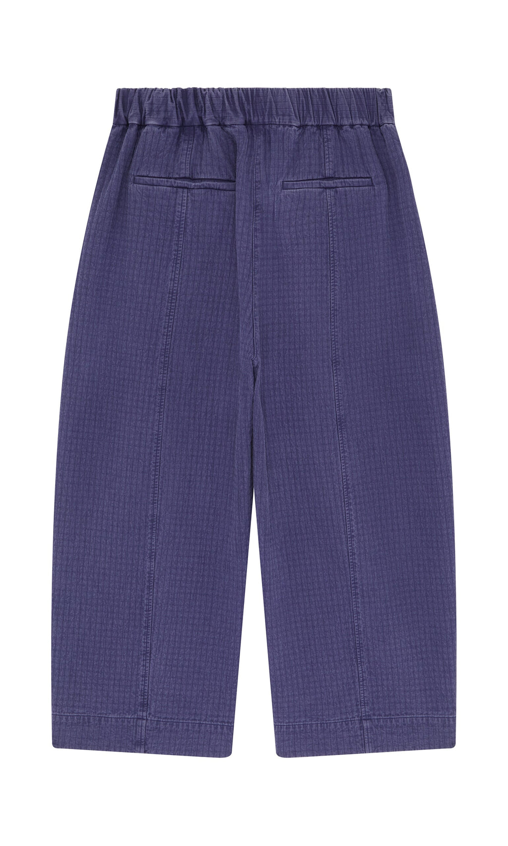 Plümo- Calow Pants: Purple, curved-leg trousers with elastic waistband & two back pockets, made in London.