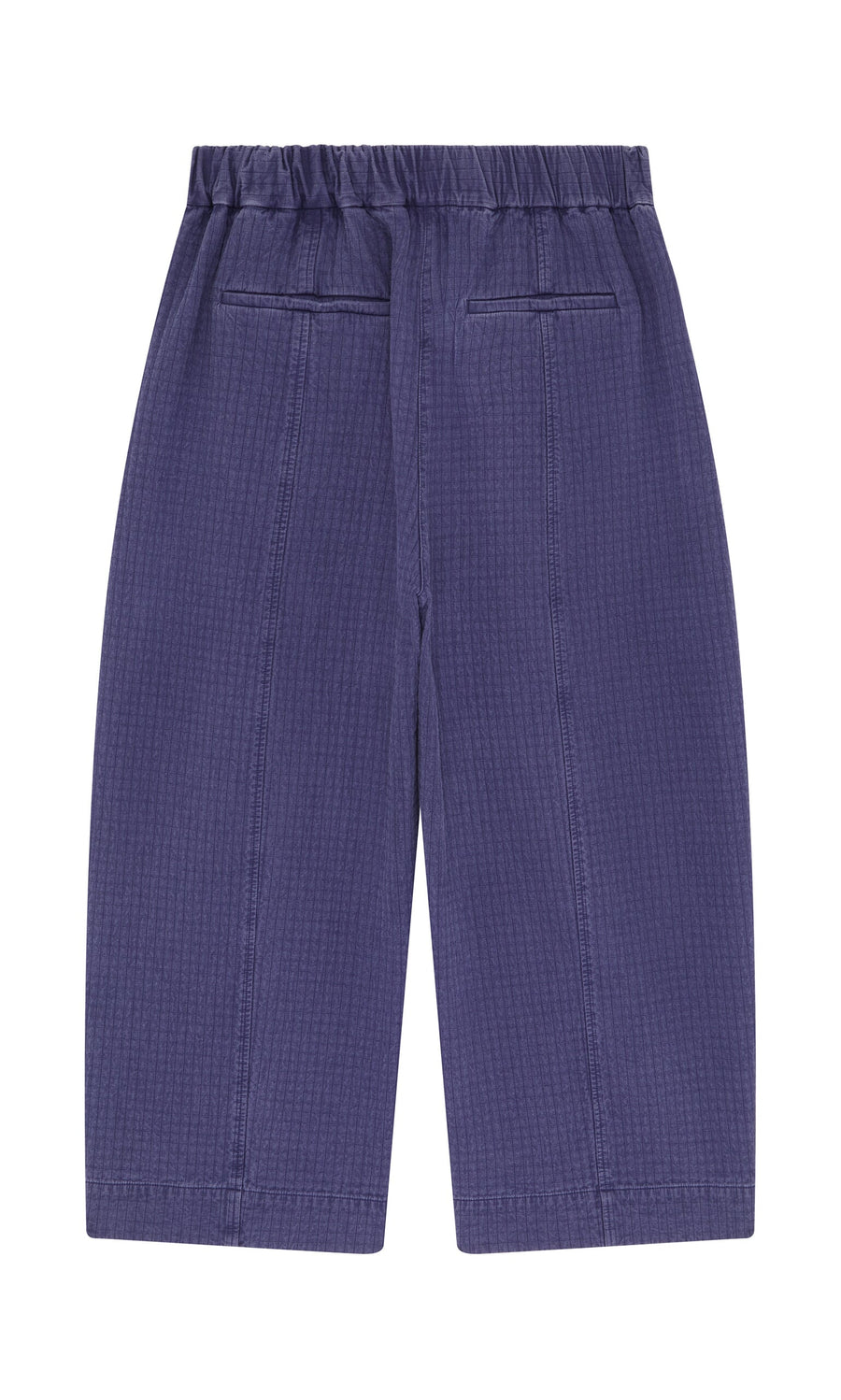 Plümo- Calow Pants: Purple, curved-leg trousers with elastic waistband & two back pockets, made in London.