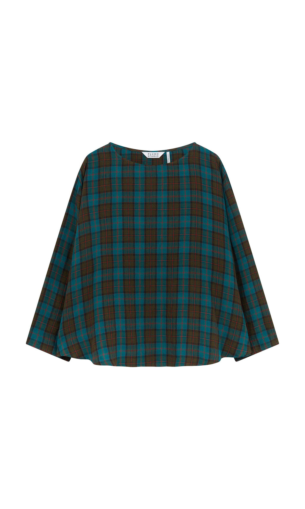 Plümo- Clodagh Blouse: Loose-fitting teal and brown plaid top with long sleeves, shown on a white background.