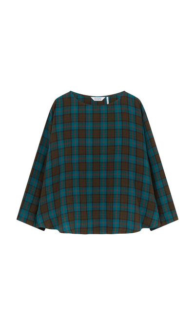 Plümo- Clodagh Blouse: Loose-fitting teal and brown plaid top with long sleeves, shown on a white background.