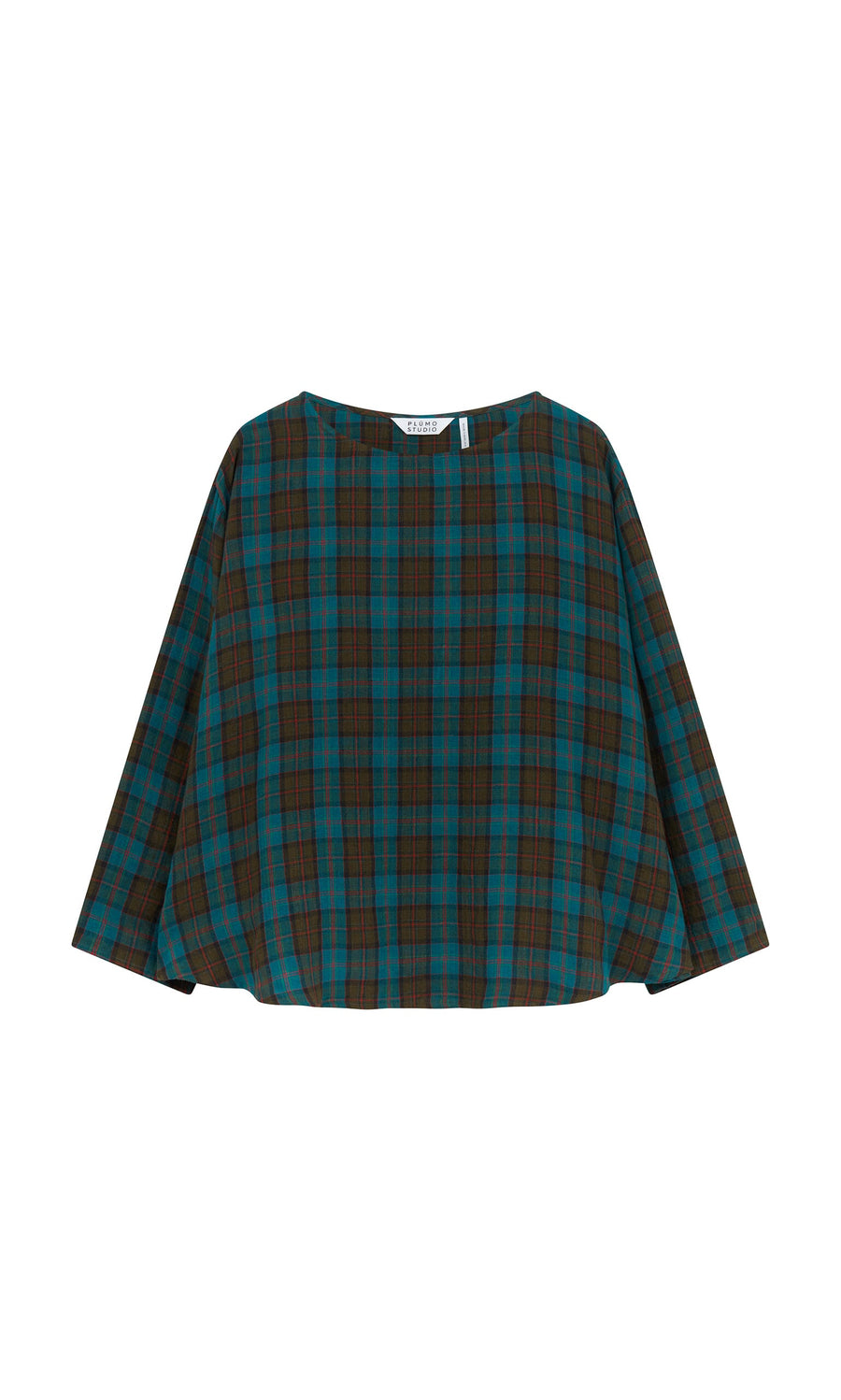 Plümo- Clodagh Blouse: Loose-fitting teal and brown plaid top with long sleeves, shown on a white background.