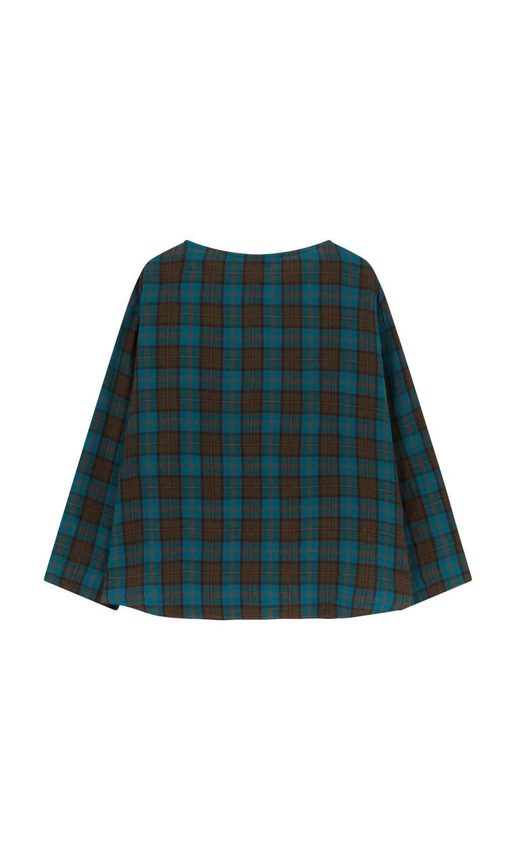 Plümo- Clodagh Blouse in brown and teal tartan with a loose, boxy fit, shown flat on a white background.