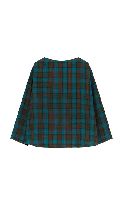 Plümo- Clodagh Blouse in brown and teal tartan with a loose, boxy fit, shown flat on a white background.