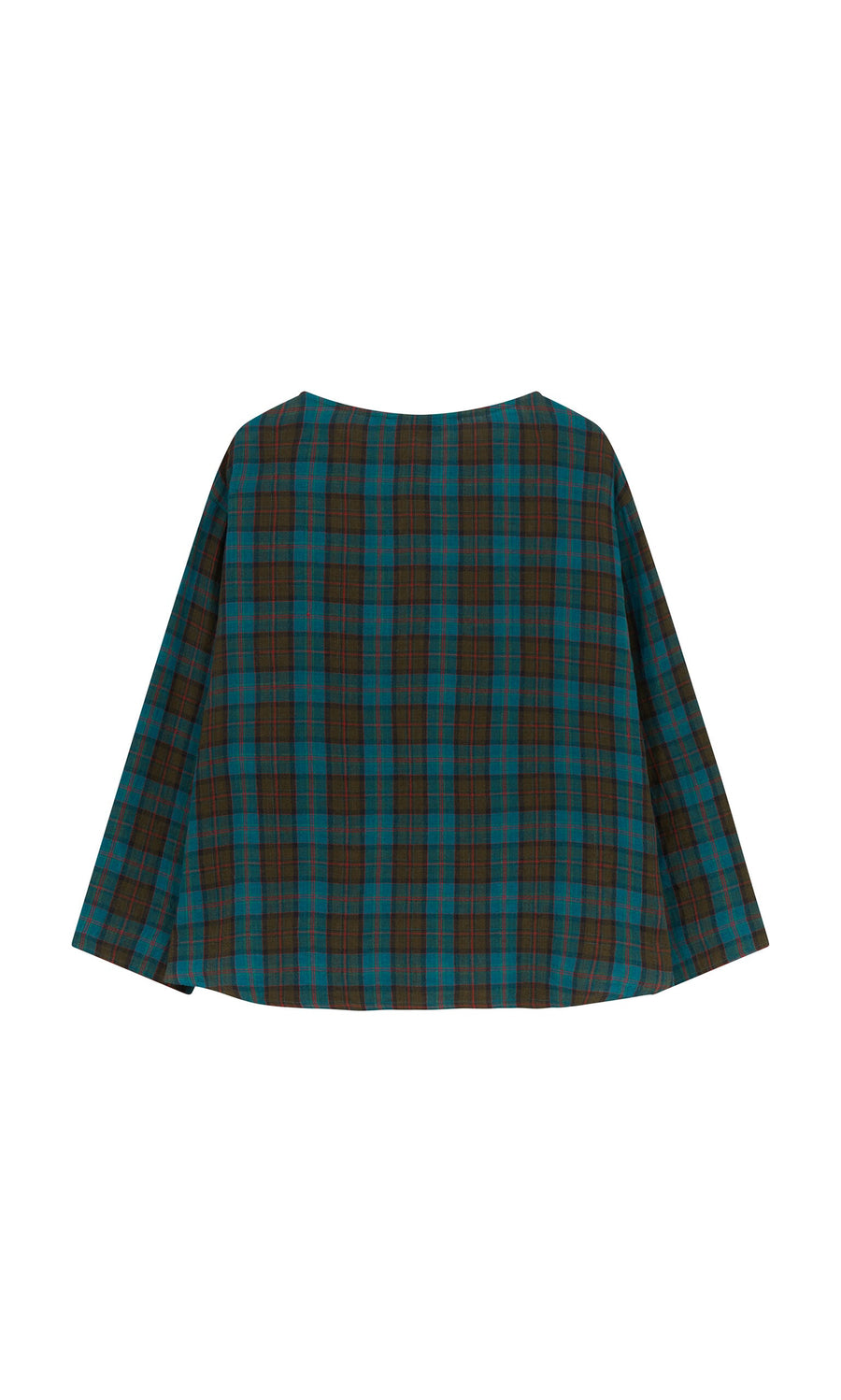 Plümo- Clodagh Blouse in brown and teal tartan with a loose, boxy fit, shown flat on a white background.