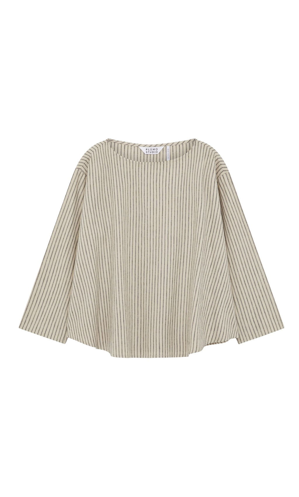 Plümo- Sail Cloth Top: Beige and gray ticking stripe blouse with wide sleeves, inspired by the classic Breton top.