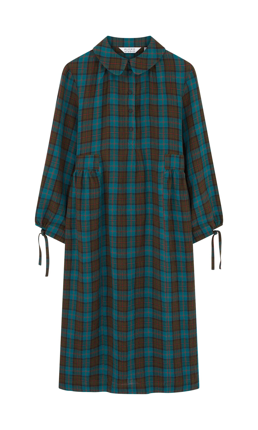 Plümo- Clodagh Tartan Dress with blue and brown checks, quarter tie sleeves, Peter Pan collar, and front buttons.