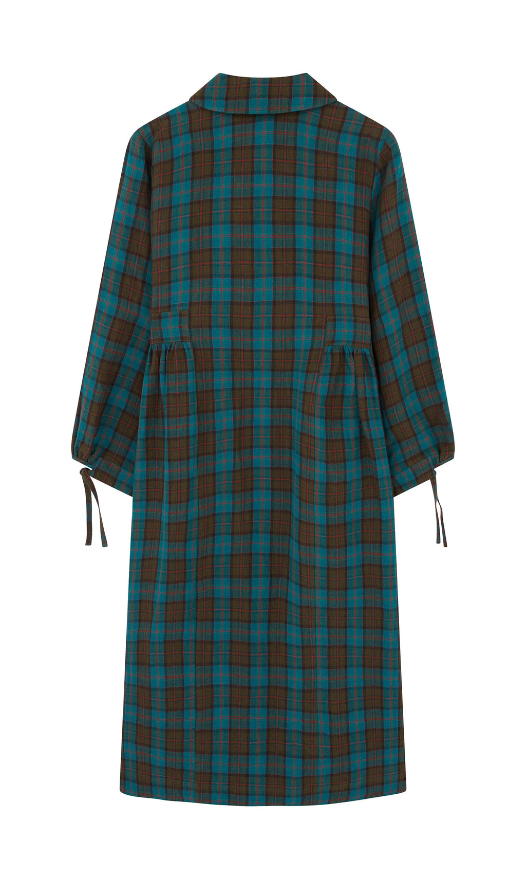 Plümo- Clodagh Tartan Dress in blue, brown, and black plaid with long sleeves and tie cuffs, shown from the back.