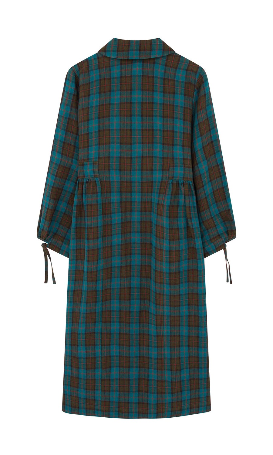Plümo- Clodagh Tartan Dress in blue, brown, and black plaid with long sleeves and tie cuffs, shown from the back.