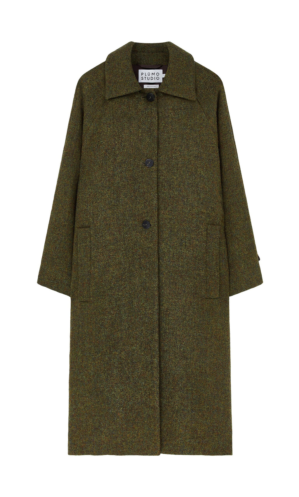 Plümo- Cormack Coat - Harris Tweed: long olive green coat with collar, front buttons, and pockets on a white background.