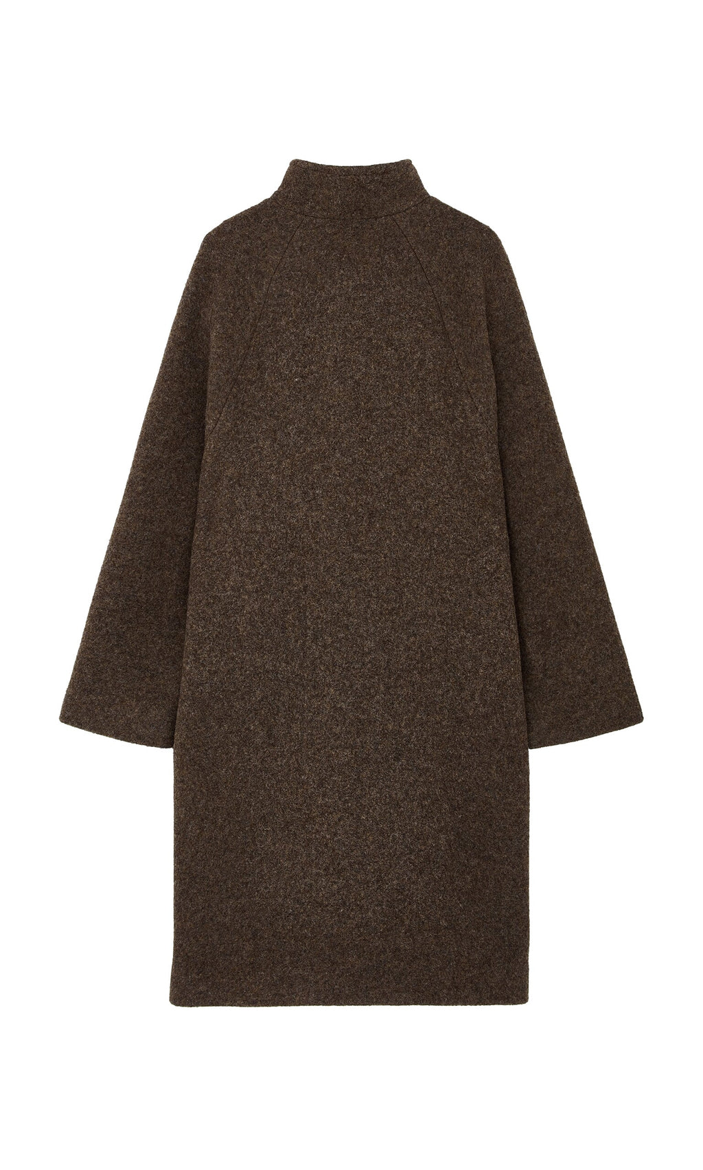 Plümo- Babette Coat: Long-sleeved, knee-length sculptural brown Italian wool coat with high collar, shown flat on white.