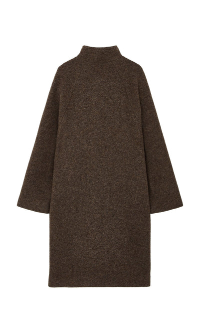 Plümo- Babette Coat: Long-sleeved, knee-length sculptural brown Italian wool coat with high collar, shown flat on white.