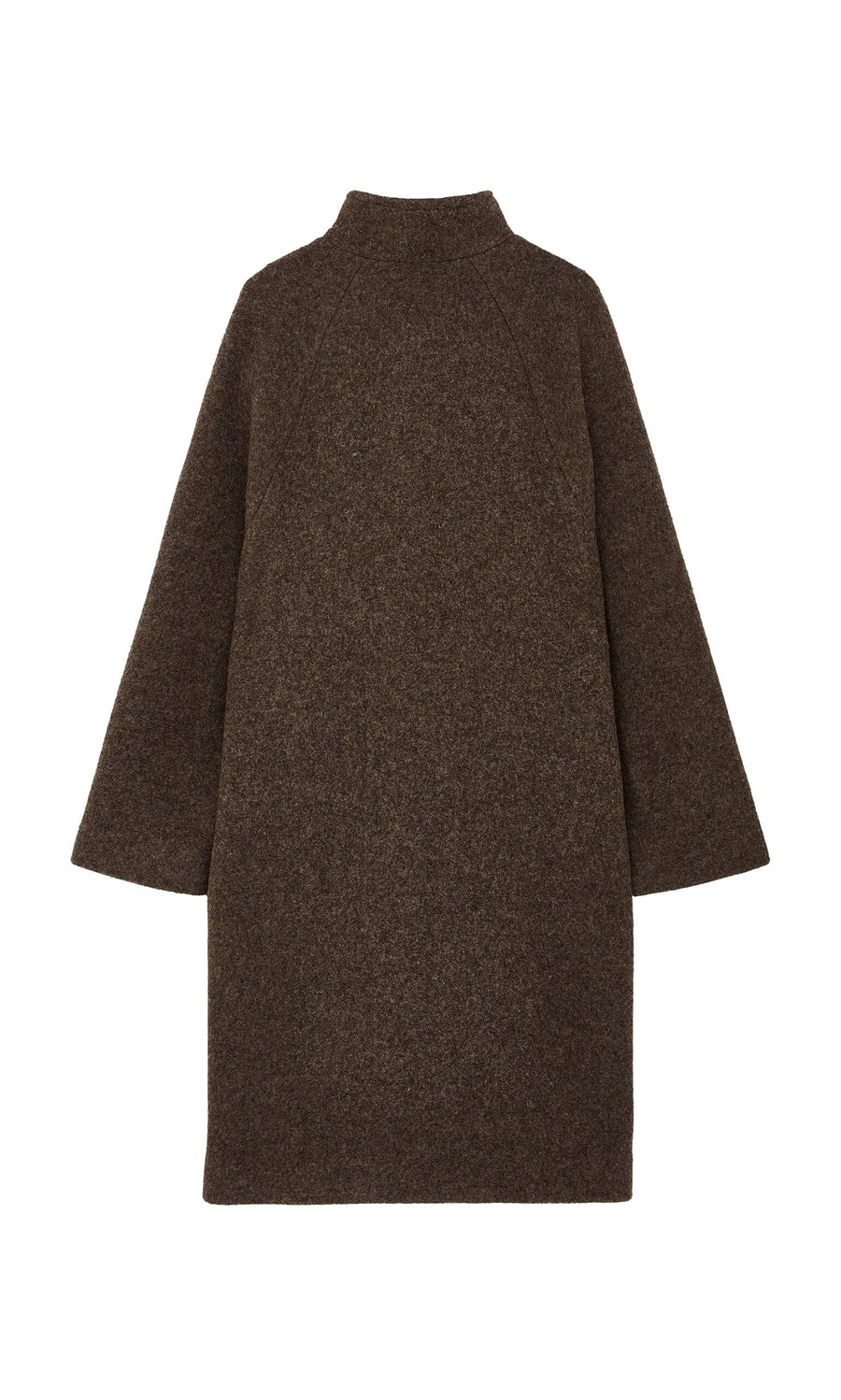 Plümo- Babette Coat: Long-sleeved, knee-length sculptural brown Italian wool coat with high collar, shown flat on white.