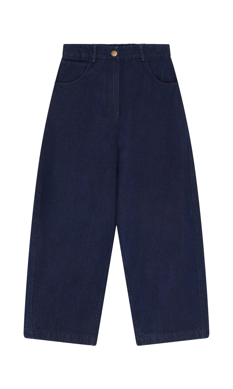 Plümo- Barrel Pants Indigo: High-waisted, wide-leg dark denim jeans with front pockets and button closure, made in England.