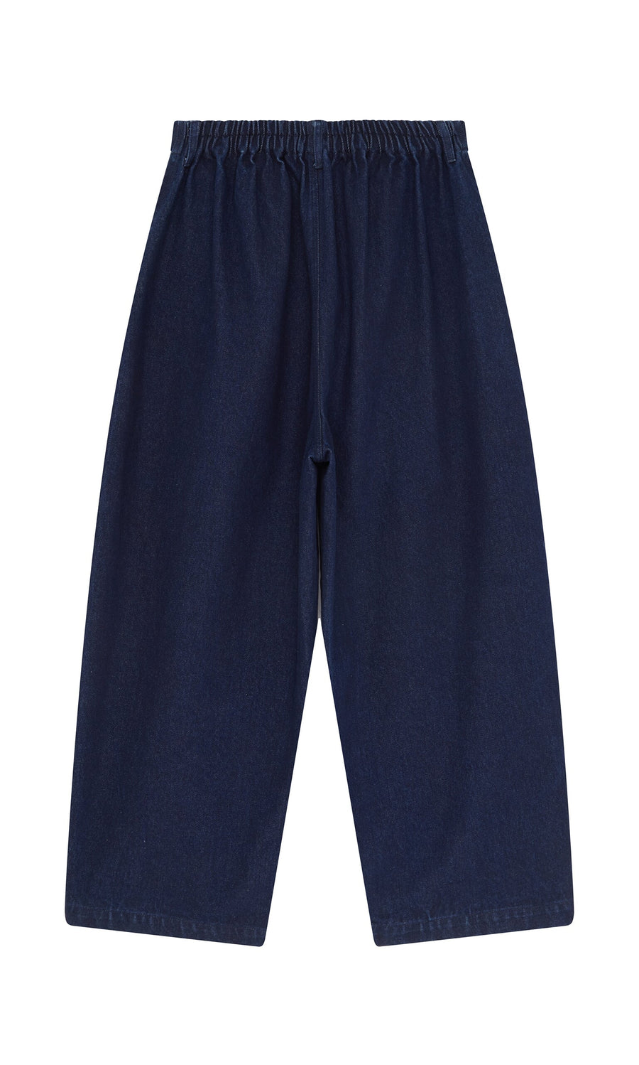 Plümo- Barrel Pants Indigo: dark denim wide-leg jeans with elastic waistband, made in England, shown flat on white.