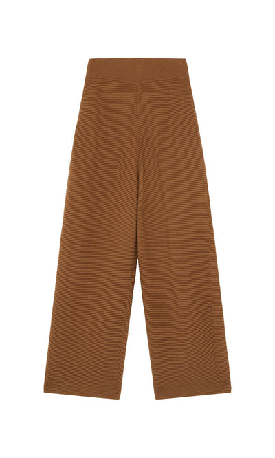 Plümo- Orla Pants - Chestnut: wide-leg rib-knit pants with elastic waistband, shown flat on a white background.