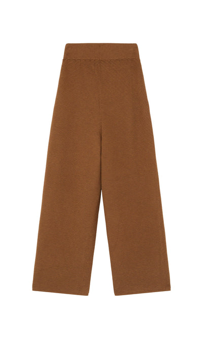 Plümo- Orla Pants - Chestnut: Wide-leg rib-knit pants with elastic waistband, shown flat on a white background.