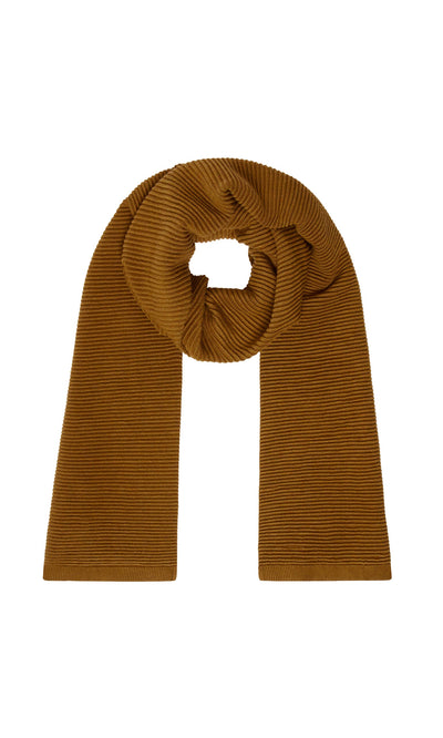 Plümo- Janie Scarf - Chestnut: Brown rib-knit viscose scarf, looped in a circle and shown on a white background.