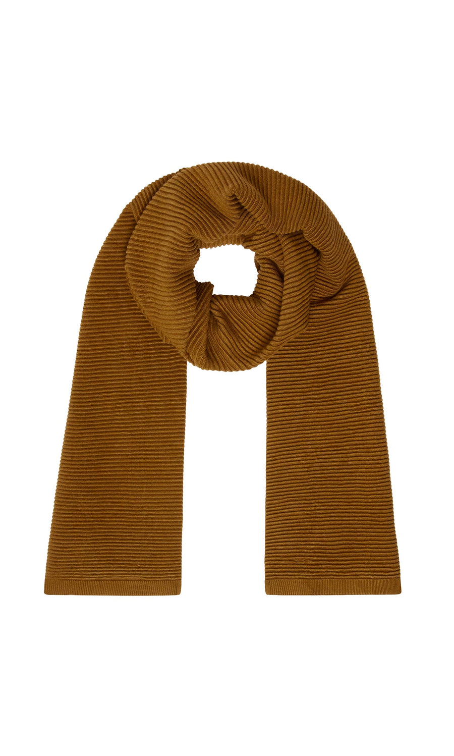 Plümo- Janie Scarf - Chestnut: Brown rib-knit viscose scarf, looped in a circle and shown on a white background.