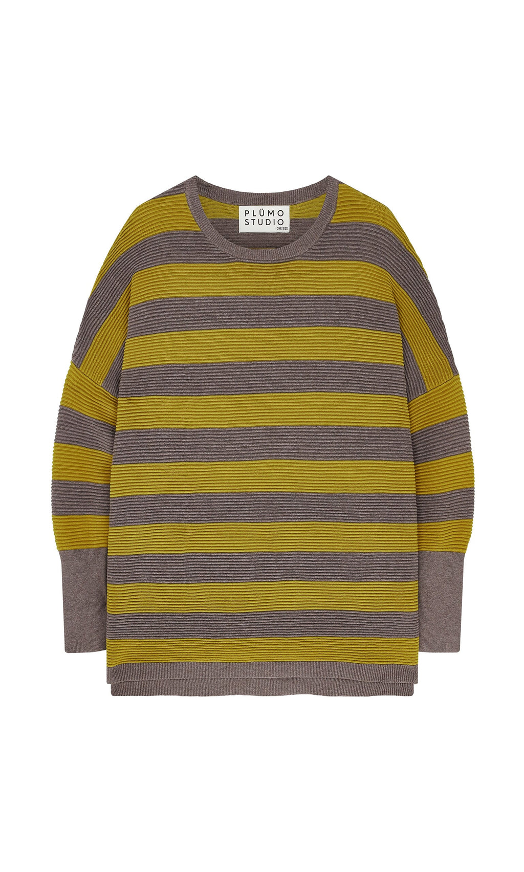 Plümo- The Jack Sweater - Butter Stripe by Plümo Studio features wide yellow and brown stripes with a round neckline.