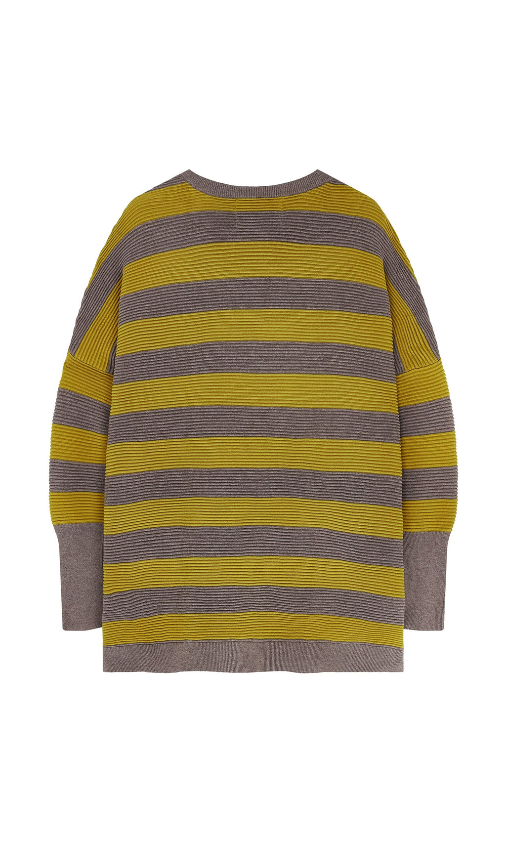 Plümo- Laid flat to show the back, the Jack Sweater - Butter Stripe from Plümo Studio features brown and yellow stripes.