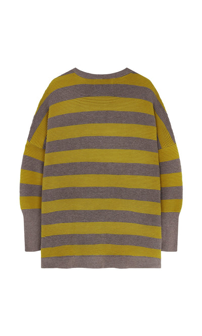 Plümo- Laid flat to show the back, the Jack Sweater - Butter Stripe from Plümo Studio features brown and yellow stripes.