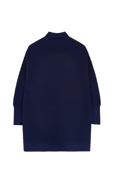 Plümo- Jack Rollneck - Navy: Super soft yarn, swirl pattern, relaxed one-size fit, shown from the back.