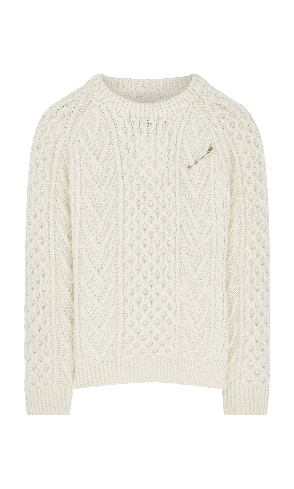 Plümo- The Berg Aran Sweater is cream-colored with a Celtic cable knit and a small zippered chest pocket.