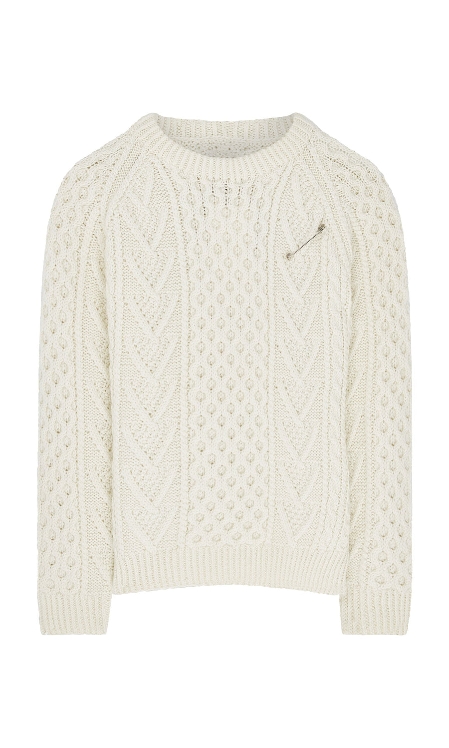 Plümo- The Berg Aran Sweater is cream-colored with a Celtic cable knit and a small zippered chest pocket.