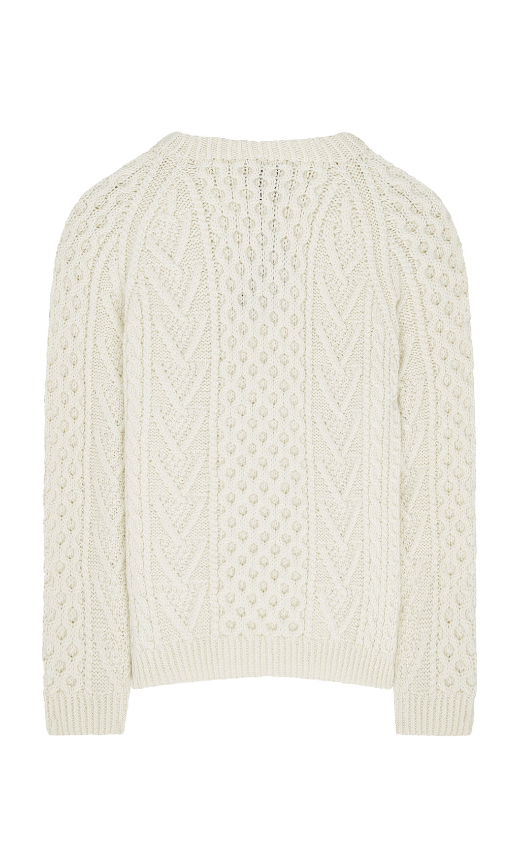 Plümo- Cream-colored Berg Aran Sweater with textured Celtic cable knit pattern, shown from the back.
