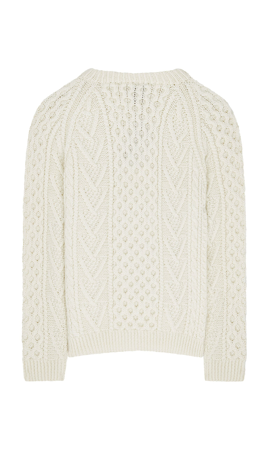 Plümo- Cream-colored Berg Aran Sweater with textured Celtic cable knit pattern, shown from the back.