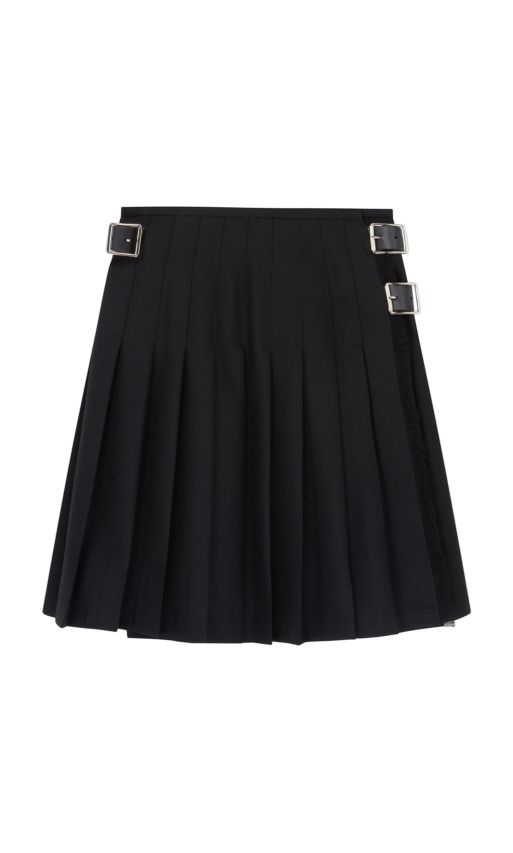 Plümo- Short Black Kilt with pleats and two silver buckle straps on the left, displayed on a white background.