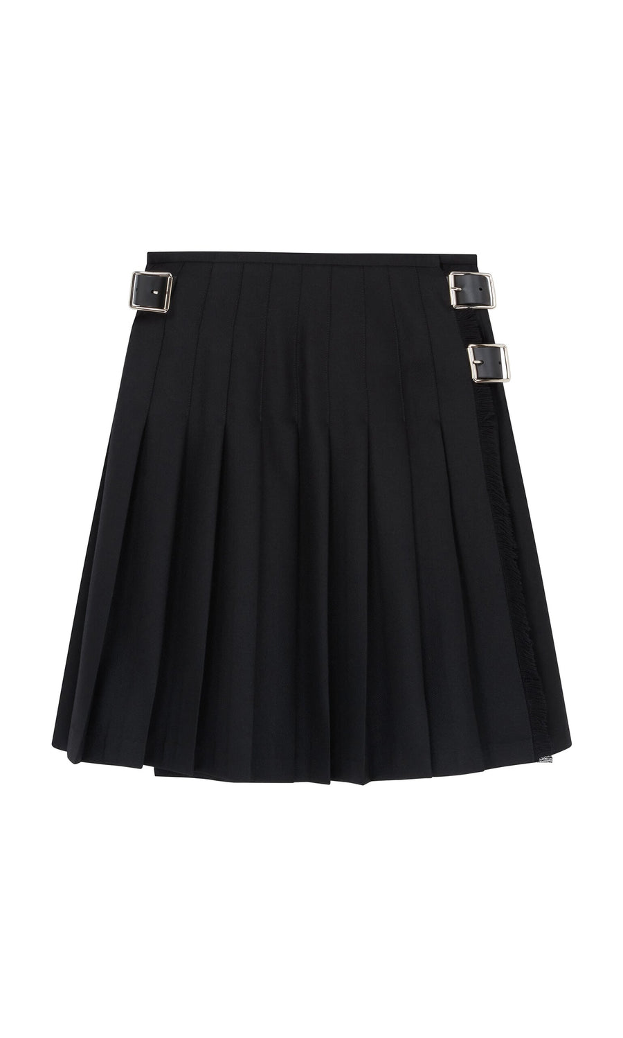 Plümo- Short Black Kilt with pleats and two silver buckle straps on the left, displayed on a white background.