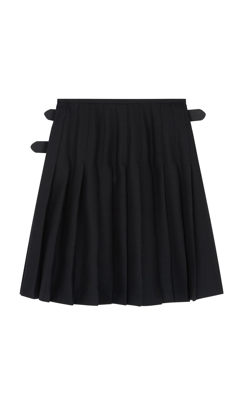 Plümo- Short Black Kilt: wool pleated skirt with side buckle straps, made in Ireland, shown on white background.