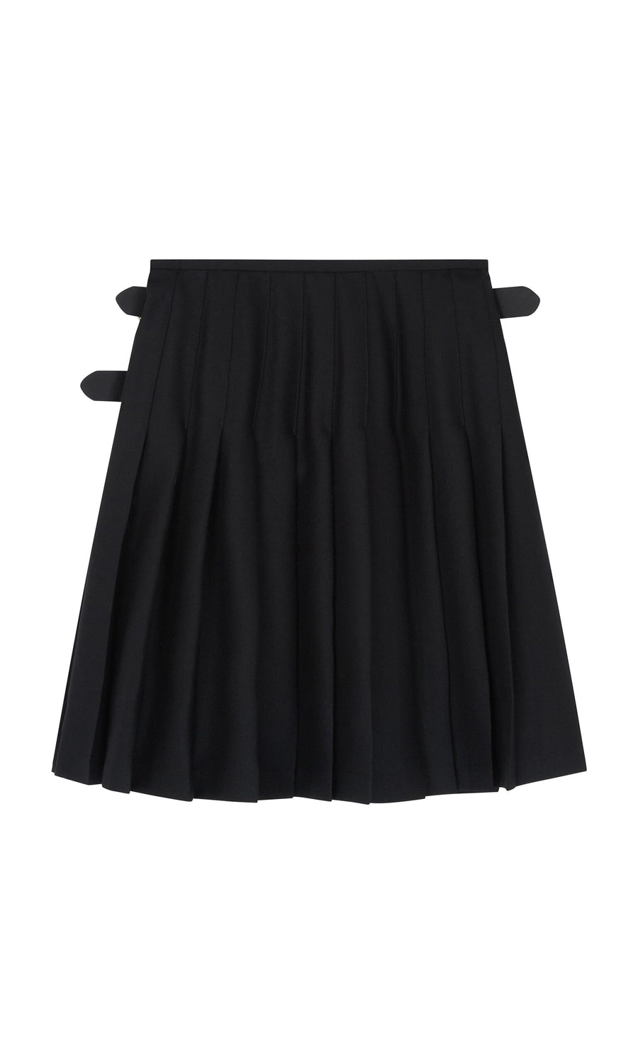 Plümo- Short Black Kilt: wool pleated skirt with side buckle straps, made in Ireland, shown on white background.