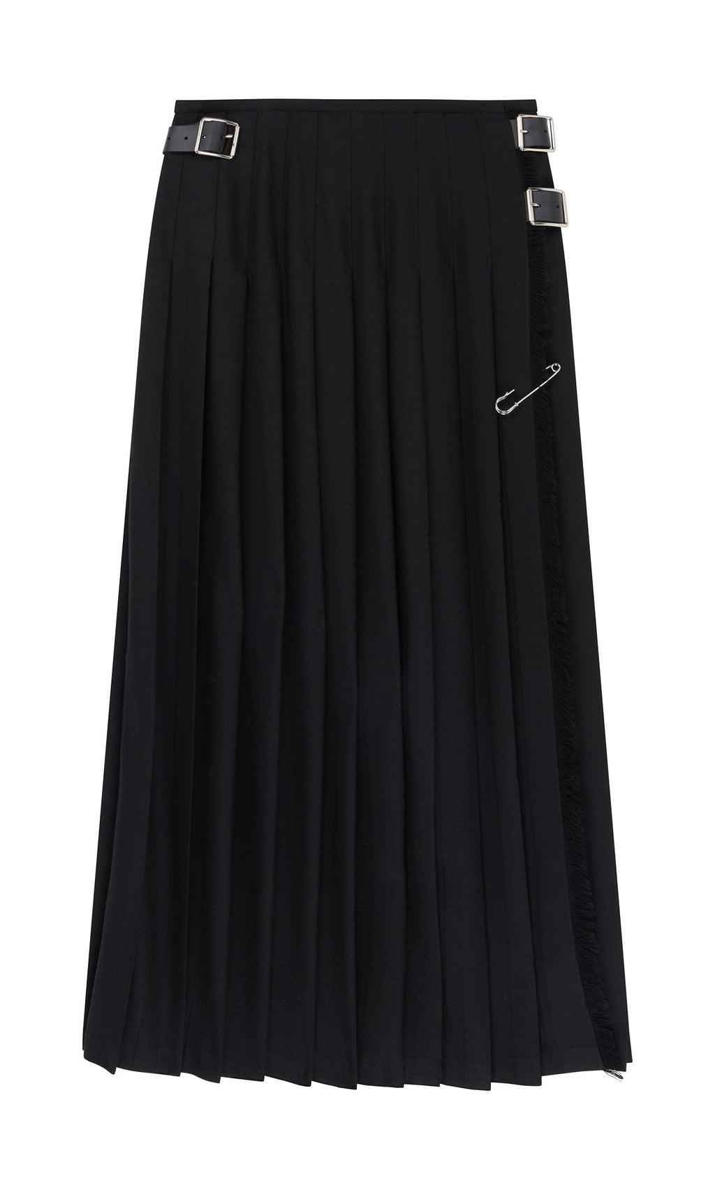 Plümo- Storm Kilt: Black pleated worsted wool kilt with two silver buckles and a silver safety pin on the side.
