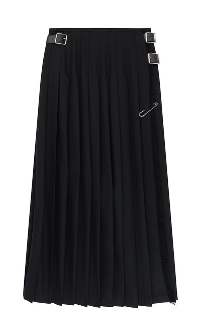 Plümo- Storm Kilt: Black pleated worsted wool kilt with two silver buckles and a silver safety pin on the side.
