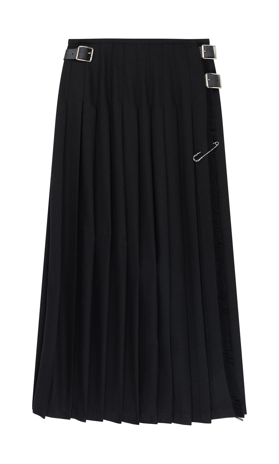 Plümo- Storm Kilt: Black pleated worsted wool kilt with two silver buckles and a silver safety pin on the side.