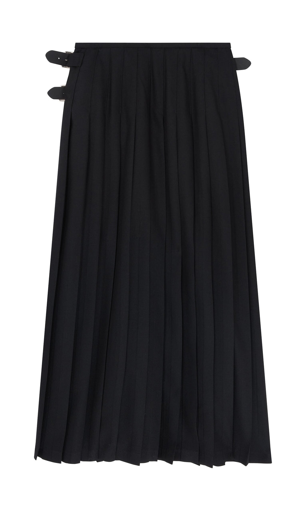 Plümo- Storm Kilt: black pleated worsted wool with two side buckles, shown flat on a white background.