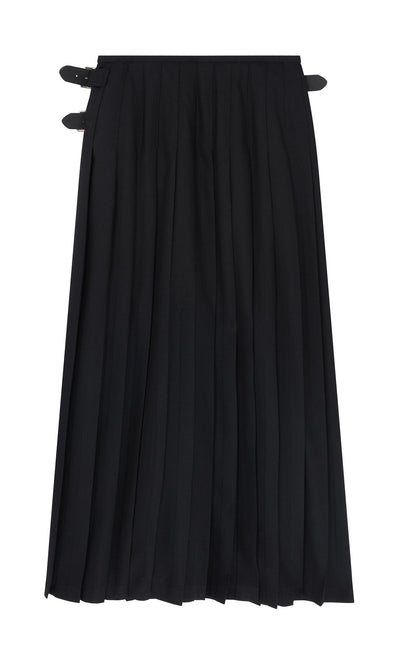 Plümo- Storm Kilt: black pleated worsted wool with two side buckles, shown flat on a white background.