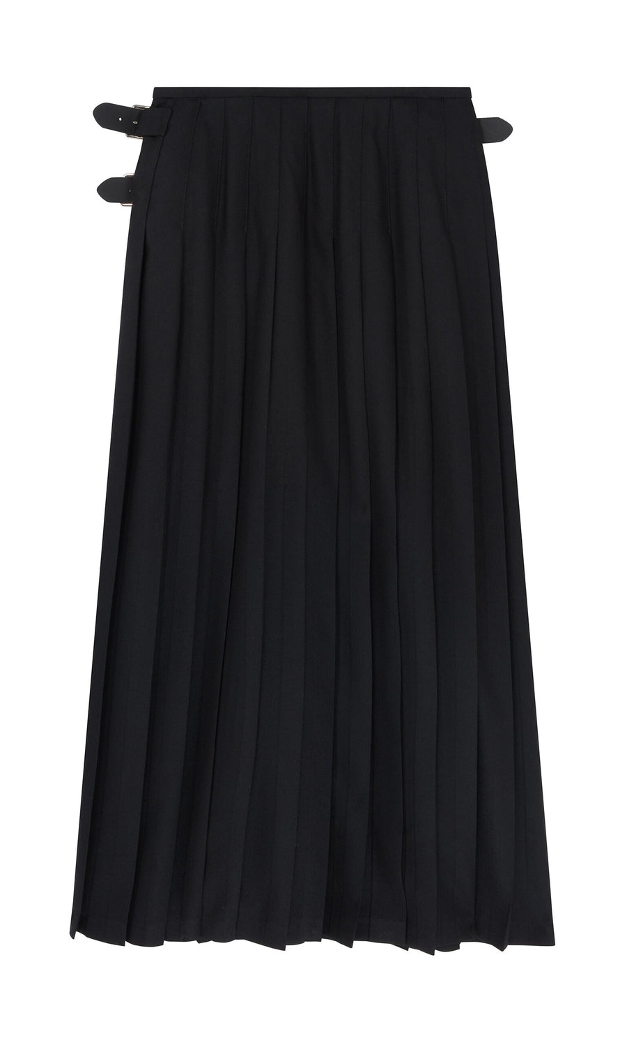 Plümo- Storm Kilt: black pleated worsted wool with two side buckles, shown flat on a white background.